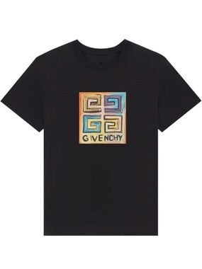 Givenchy Black Tee with Multicolor Logo Square